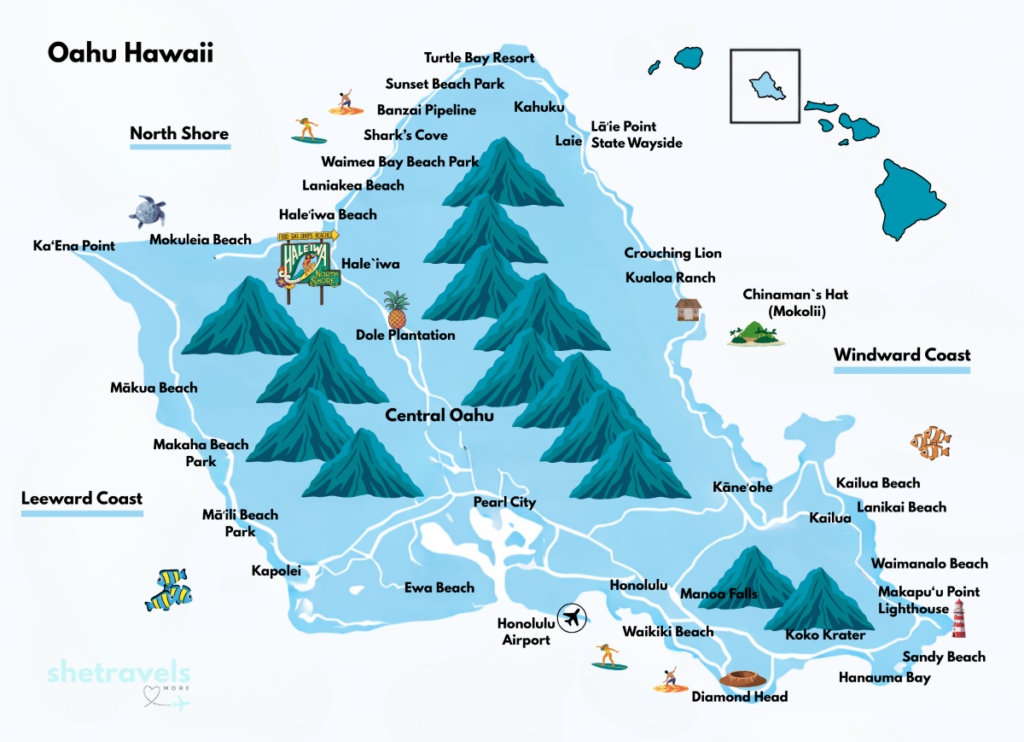 Karte Oahu Hawaii mit Sehenswürdigkeiten Karte Oahu Hawaii mit Sehenswürdigkeiten