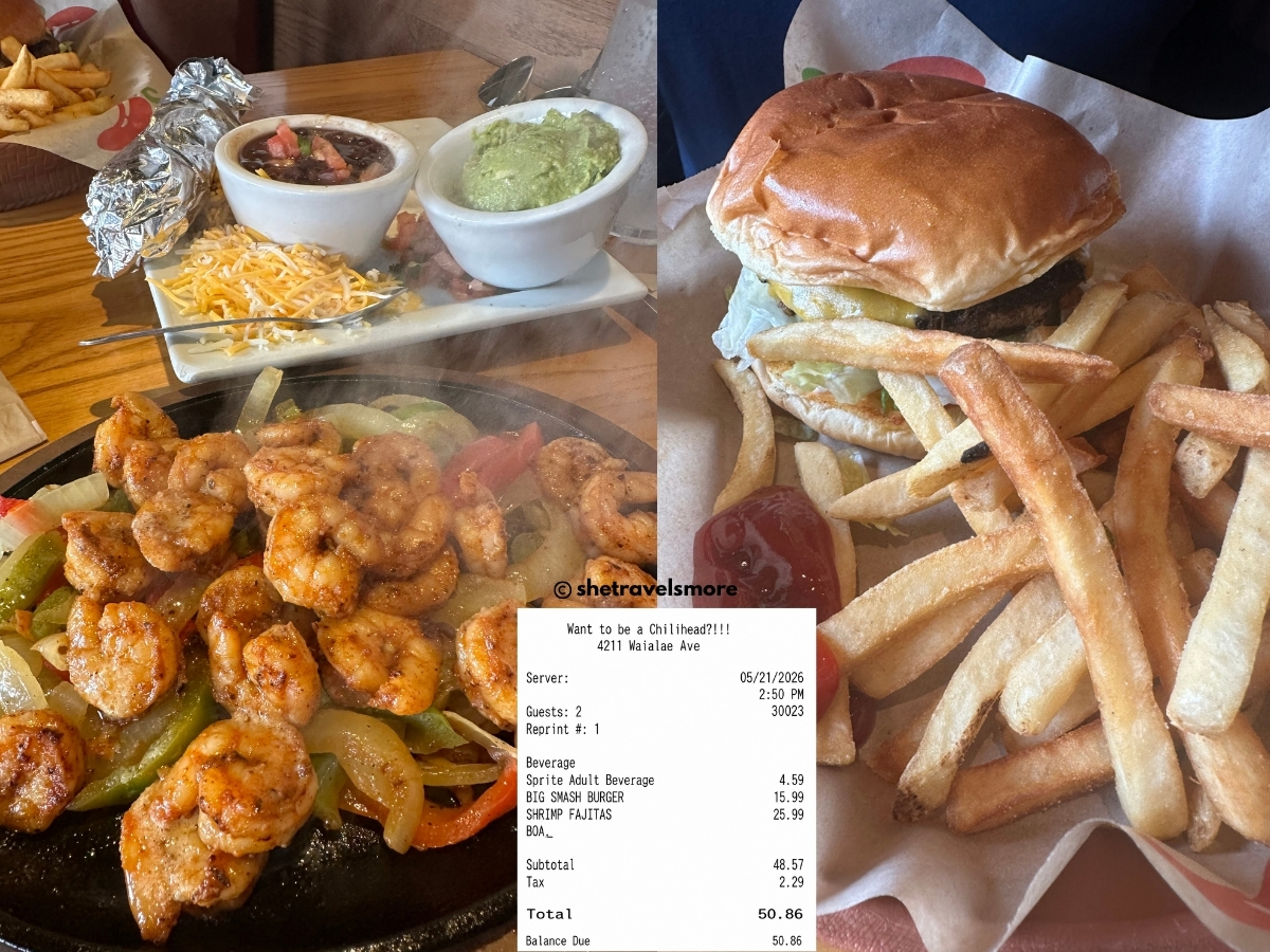 Chili's Grill and Bar auf Oahu Hawaii: Shrimp Fajitas und Big Smash Burger mit Rechnung, 50,86 Dollar für zwei