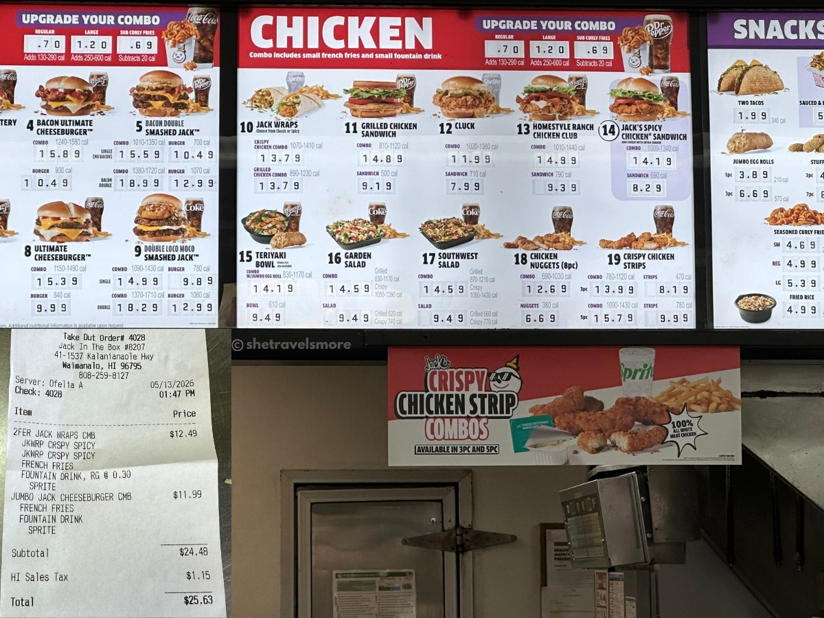 Jack in the Box in Waimanalo auf Oahu Hawaii: Menüpreise und Rechnung, 25,63 Dollar für zwei Personen