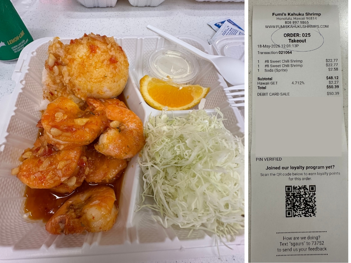 Fumi's Kahuku Shrimp Plate mit Rechnung 50 Dollar auf Oahu Hawaii